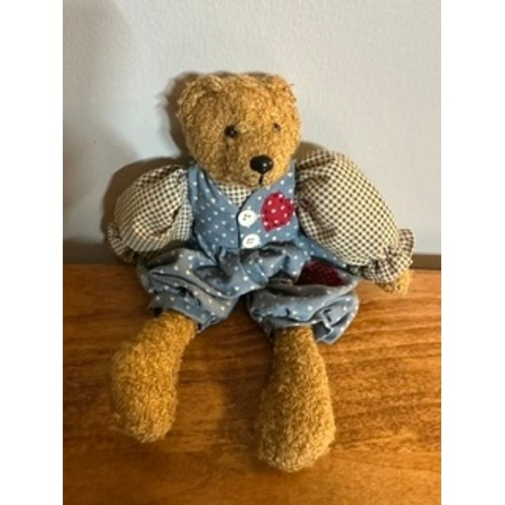 Vintage 1996 ABC Distributing Teddy Bear Blue Heart Overalls Gingham 12 Inch